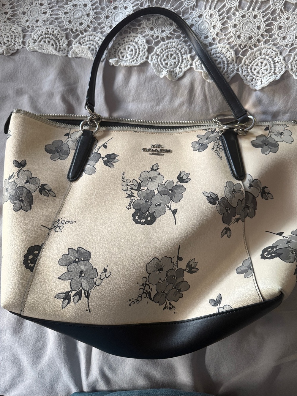 Coach Cream Floral Leather Tote with Black Trim